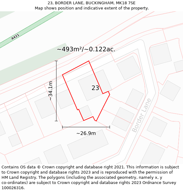 23, BORDER LANE, BUCKINGHAM, MK18 7SE: Plot and title map