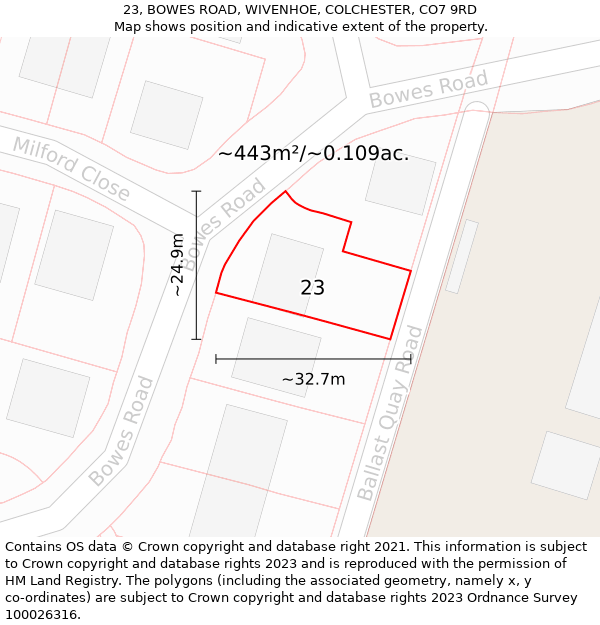 23, BOWES ROAD, WIVENHOE, COLCHESTER, CO7 9RD: Plot and title map