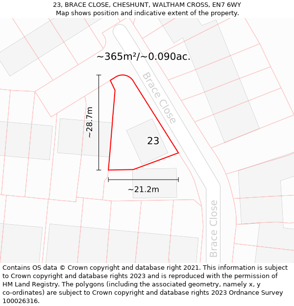 23, BRACE CLOSE, CHESHUNT, WALTHAM CROSS, EN7 6WY: Plot and title map