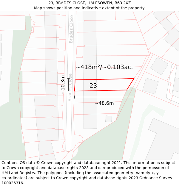 23, BRADES CLOSE, HALESOWEN, B63 2XZ: Plot and title map