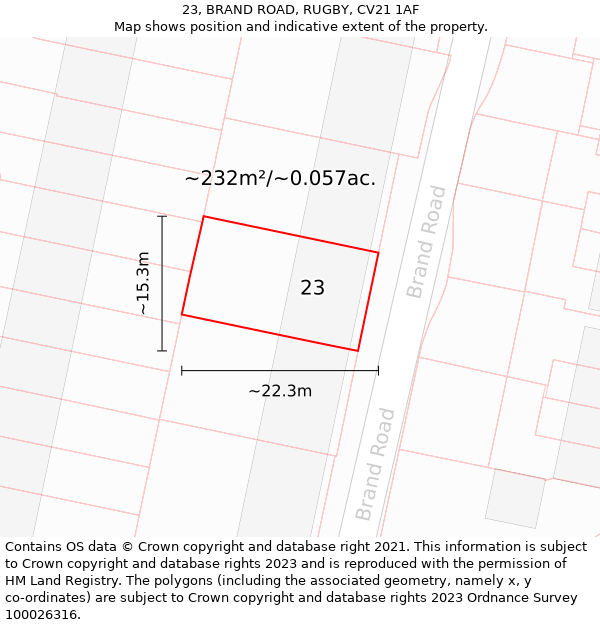 23, BRAND ROAD, RUGBY, CV21 1AF: Plot and title map