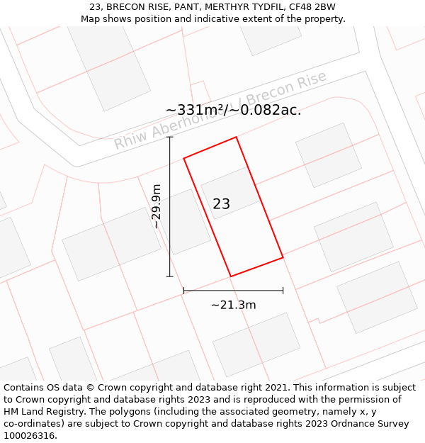 23, BRECON RISE, PANT, MERTHYR TYDFIL, CF48 2BW: Plot and title map