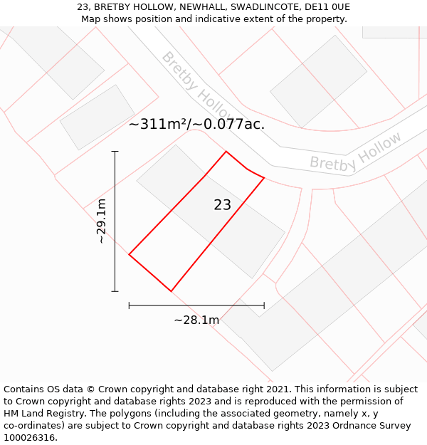 23, BRETBY HOLLOW, NEWHALL, SWADLINCOTE, DE11 0UE: Plot and title map