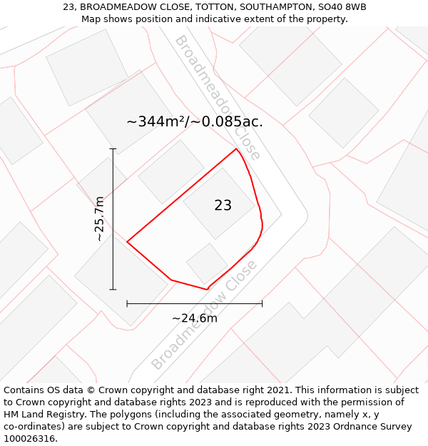 23, BROADMEADOW CLOSE, TOTTON, SOUTHAMPTON, SO40 8WB: Plot and title map