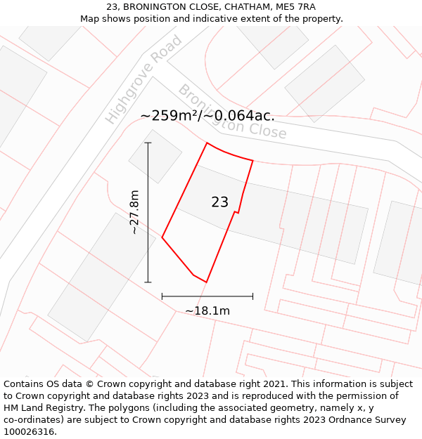 23, BRONINGTON CLOSE, CHATHAM, ME5 7RA: Plot and title map