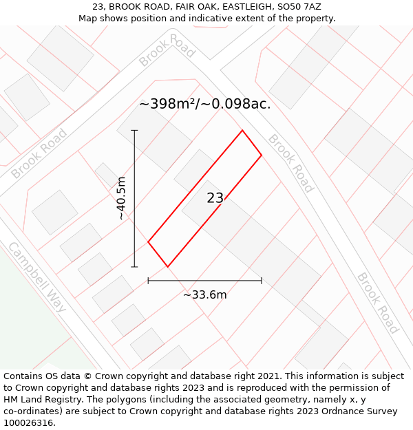 23, BROOK ROAD, FAIR OAK, EASTLEIGH, SO50 7AZ: Plot and title map