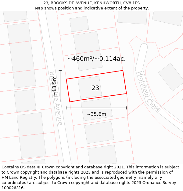 23, BROOKSIDE AVENUE, KENILWORTH, CV8 1ES: Plot and title map