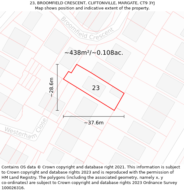 23, BROOMFIELD CRESCENT, CLIFTONVILLE, MARGATE, CT9 3YJ: Plot and title map