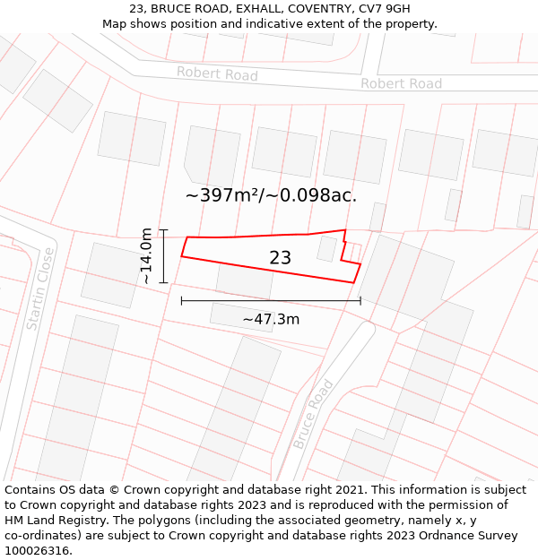 23, BRUCE ROAD, EXHALL, COVENTRY, CV7 9GH: Plot and title map