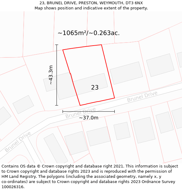 23, BRUNEL DRIVE, PRESTON, WEYMOUTH, DT3 6NX: Plot and title map