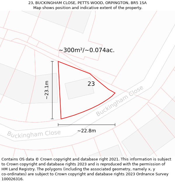 23, BUCKINGHAM CLOSE, PETTS WOOD, ORPINGTON, BR5 1SA: Plot and title map