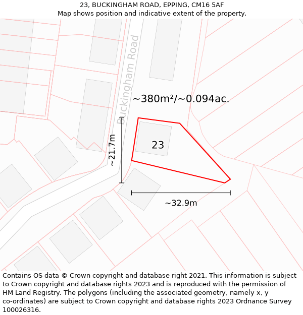 23, BUCKINGHAM ROAD, EPPING, CM16 5AF: Plot and title map