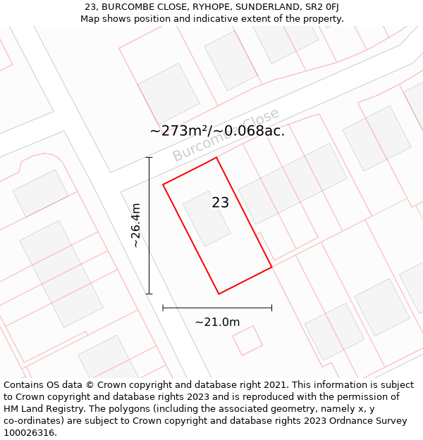 23, BURCOMBE CLOSE, RYHOPE, SUNDERLAND, SR2 0FJ: Plot and title map