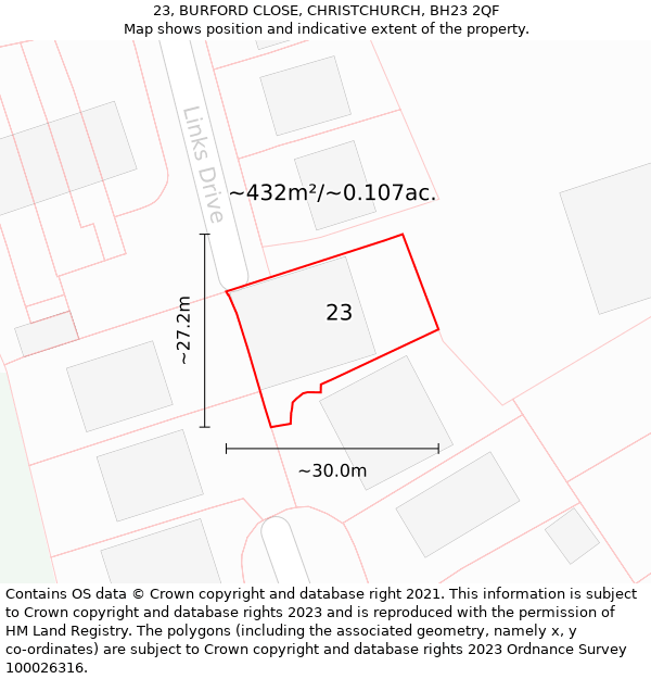 23, BURFORD CLOSE, CHRISTCHURCH, BH23 2QF: Plot and title map