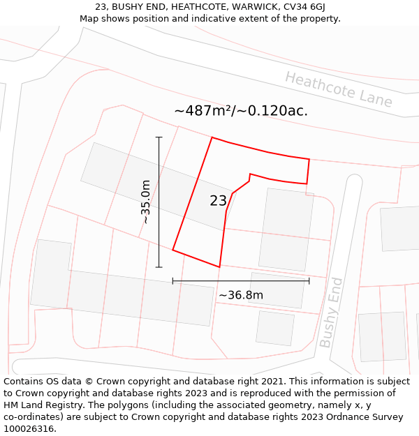 23, BUSHY END, HEATHCOTE, WARWICK, CV34 6GJ: Plot and title map