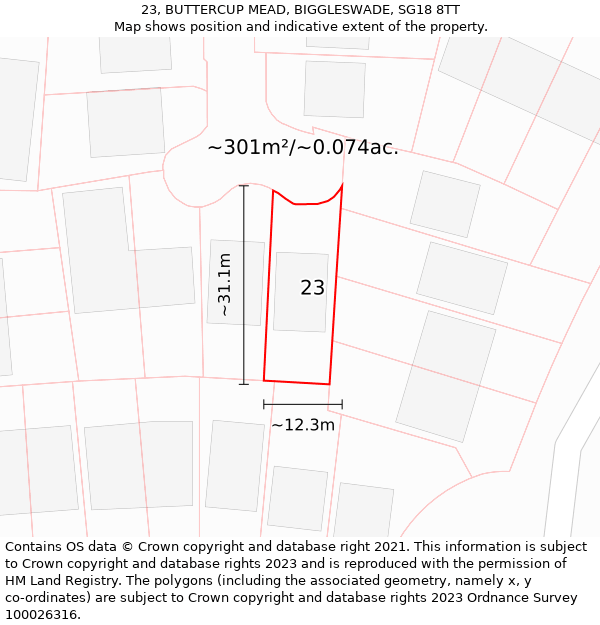 23, BUTTERCUP MEAD, BIGGLESWADE, SG18 8TT: Plot and title map