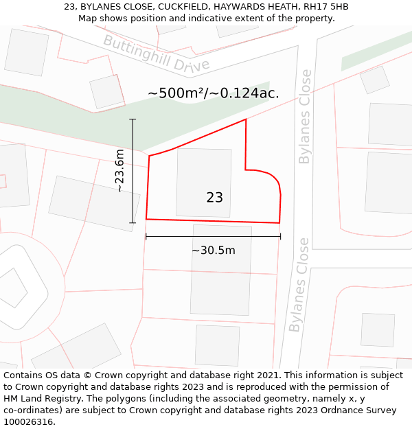 23, BYLANES CLOSE, CUCKFIELD, HAYWARDS HEATH, RH17 5HB: Plot and title map