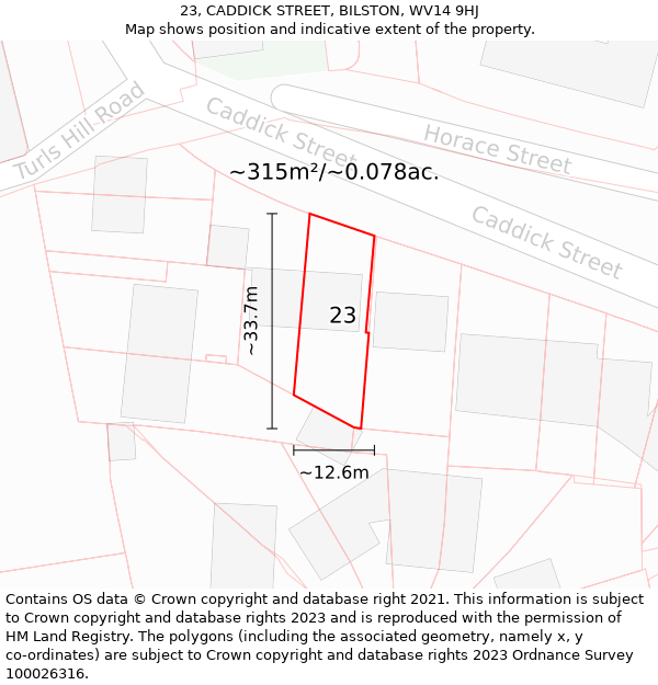 23, CADDICK STREET, BILSTON, WV14 9HJ: Plot and title map