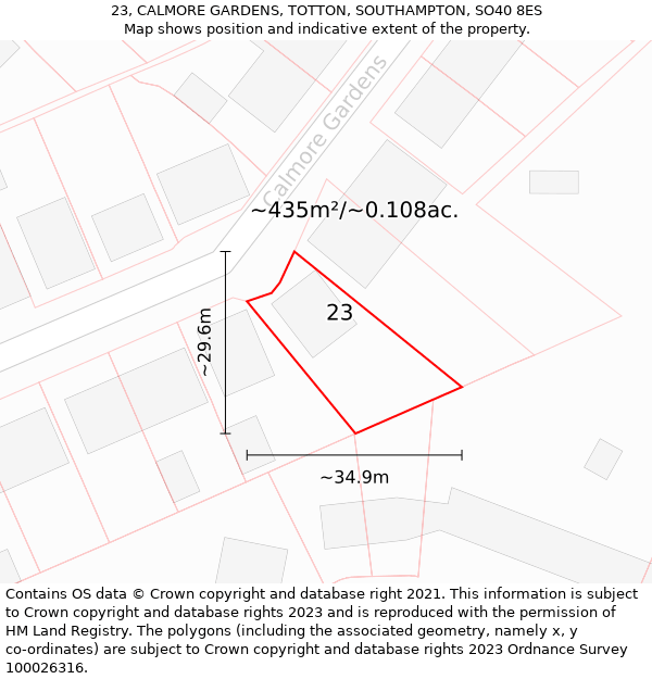 23, CALMORE GARDENS, TOTTON, SOUTHAMPTON, SO40 8ES: Plot and title map