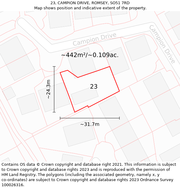 23, CAMPION DRIVE, ROMSEY, SO51 7RD: Plot and title map