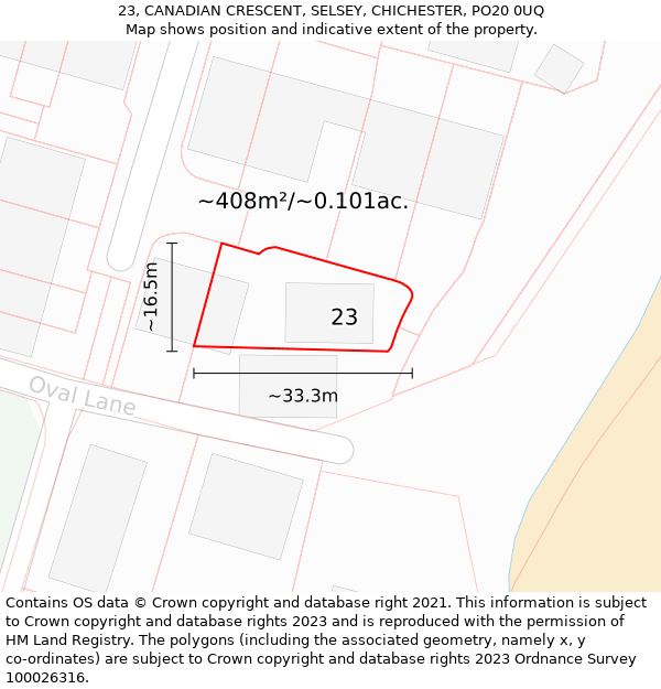 23, CANADIAN CRESCENT, SELSEY, CHICHESTER, PO20 0UQ: Plot and title map