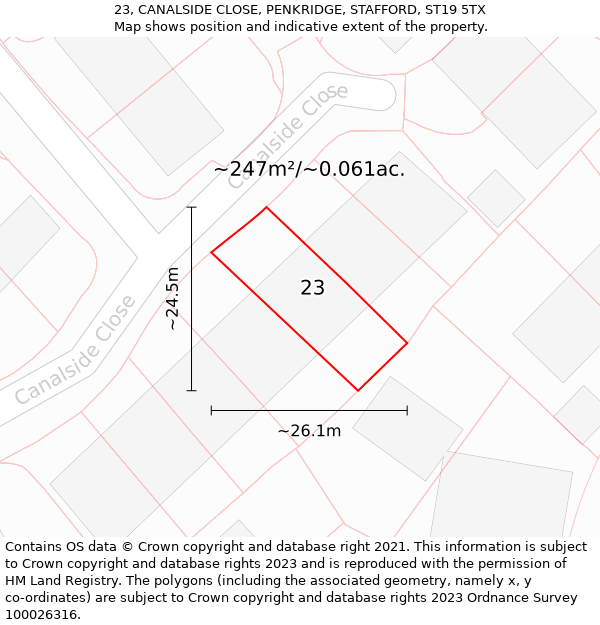 23, CANALSIDE CLOSE, PENKRIDGE, STAFFORD, ST19 5TX: Plot and title map