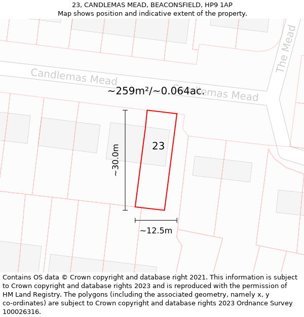 23, CANDLEMAS MEAD, BEACONSFIELD, HP9 1AP: Plot and title map