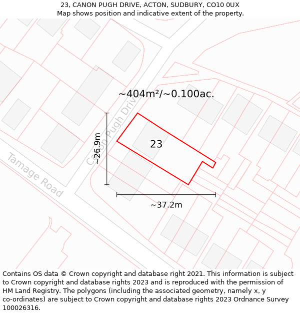 23, CANON PUGH DRIVE, ACTON, SUDBURY, CO10 0UX: Plot and title map