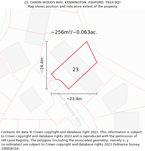 23, CANON WOODS WAY, KENNINGTON, ASHFORD, TN24 9QY: Plot and title map