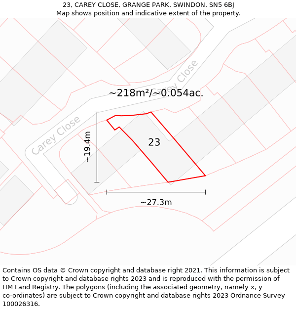 23, CAREY CLOSE, GRANGE PARK, SWINDON, SN5 6BJ: Plot and title map