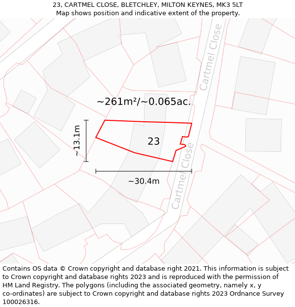 23, CARTMEL CLOSE, BLETCHLEY, MILTON KEYNES, MK3 5LT: Plot and title map