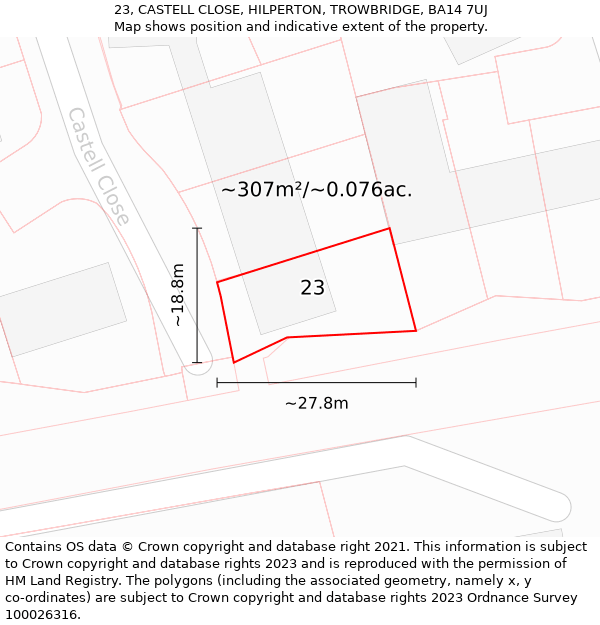 23, CASTELL CLOSE, HILPERTON, TROWBRIDGE, BA14 7UJ: Plot and title map