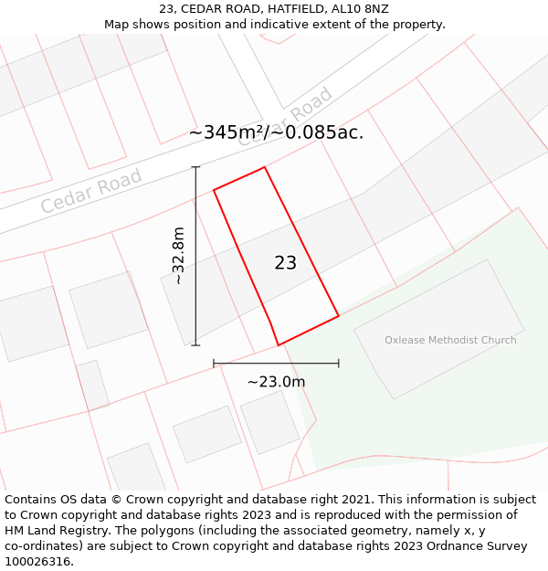 23, CEDAR ROAD, HATFIELD, AL10 8NZ: Plot and title map