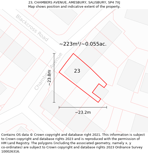 23, CHAMBERS AVENUE, AMESBURY, SALISBURY, SP4 7XJ: Plot and title map