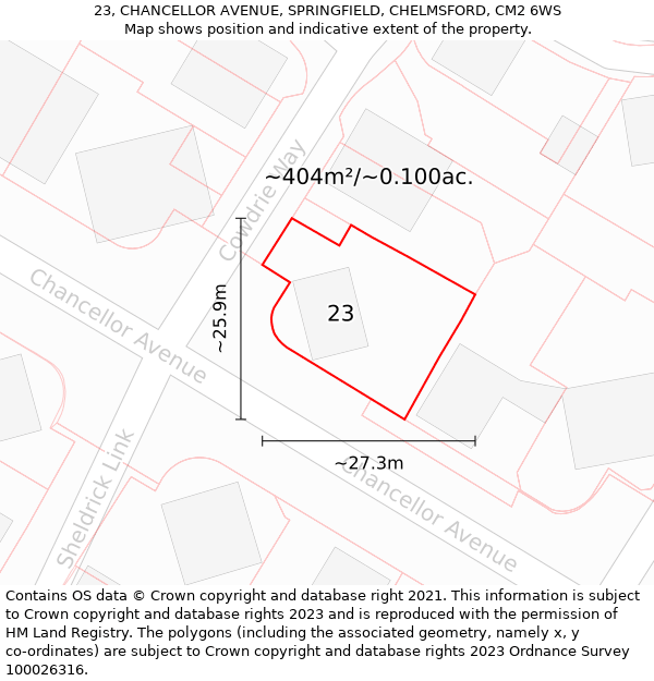 23, CHANCELLOR AVENUE, SPRINGFIELD, CHELMSFORD, CM2 6WS: Plot and title map