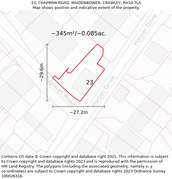 23, CHAPMAN ROAD, MAIDENBOWER, CRAWLEY, RH10 7LA: Plot and title map