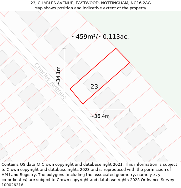 23, CHARLES AVENUE, EASTWOOD, NOTTINGHAM, NG16 2AG: Plot and title map