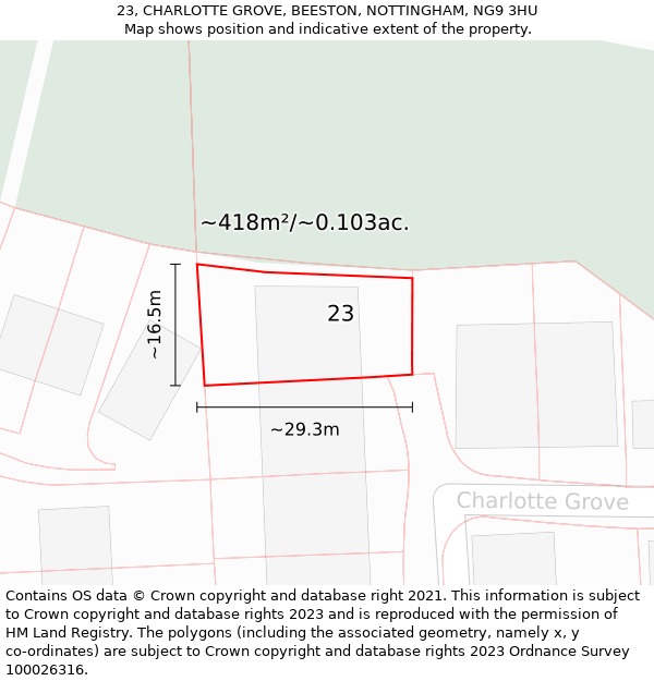 23, CHARLOTTE GROVE, BEESTON, NOTTINGHAM, NG9 3HU: Plot and title map