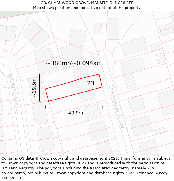 23, CHARNWOOD GROVE, MANSFIELD, NG18 3EF: Plot and title map