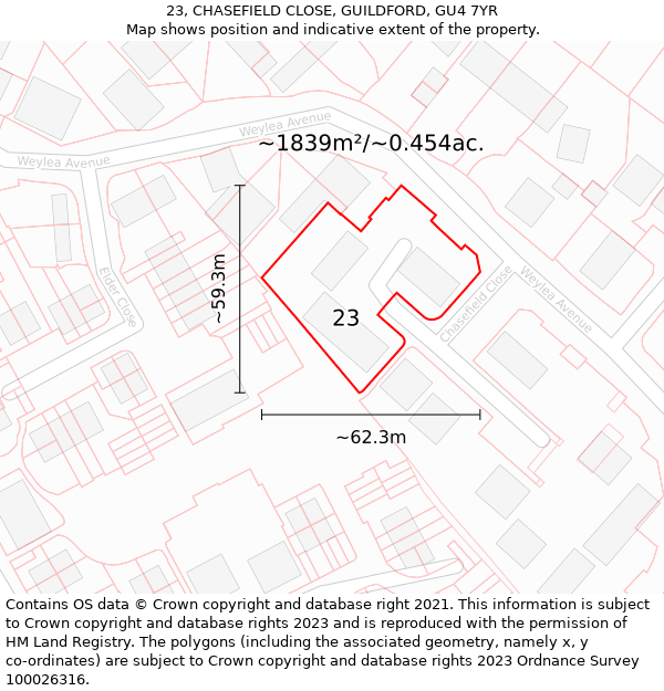 23, CHASEFIELD CLOSE, GUILDFORD, GU4 7YR: Plot and title map