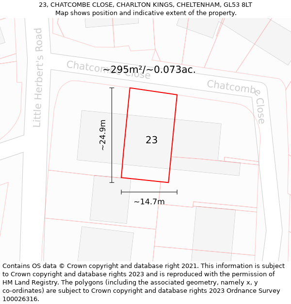 23, CHATCOMBE CLOSE, CHARLTON KINGS, CHELTENHAM, GL53 8LT: Plot and title map