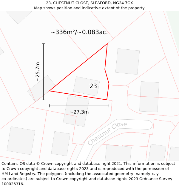 23, CHESTNUT CLOSE, SLEAFORD, NG34 7GX: Plot and title map