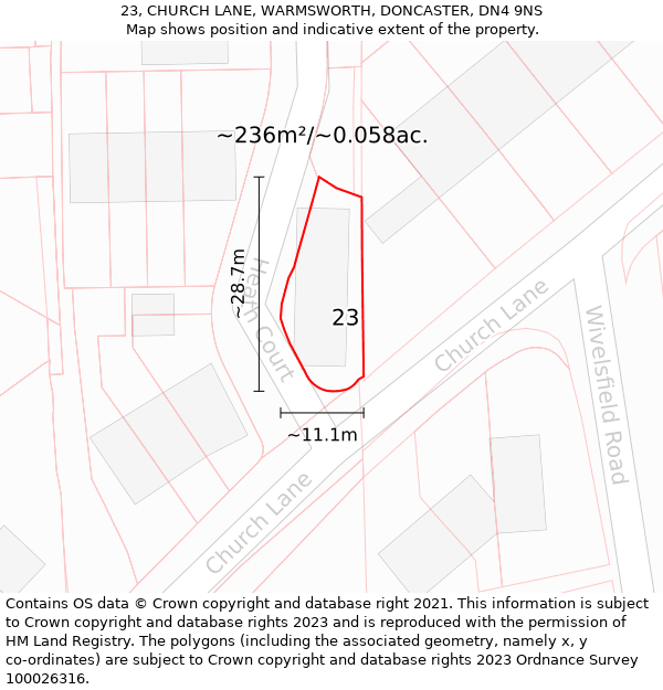 23, CHURCH LANE, WARMSWORTH, DONCASTER, DN4 9NS: Plot and title map