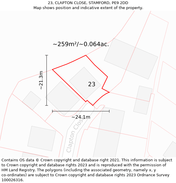 23, CLAPTON CLOSE, STAMFORD, PE9 2DD: Plot and title map