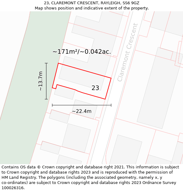 23, CLAREMONT CRESCENT, RAYLEIGH, SS6 9GZ: Plot and title map