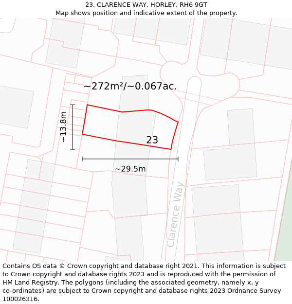 23, CLARENCE WAY, HORLEY, RH6 9GT: Plot and title map