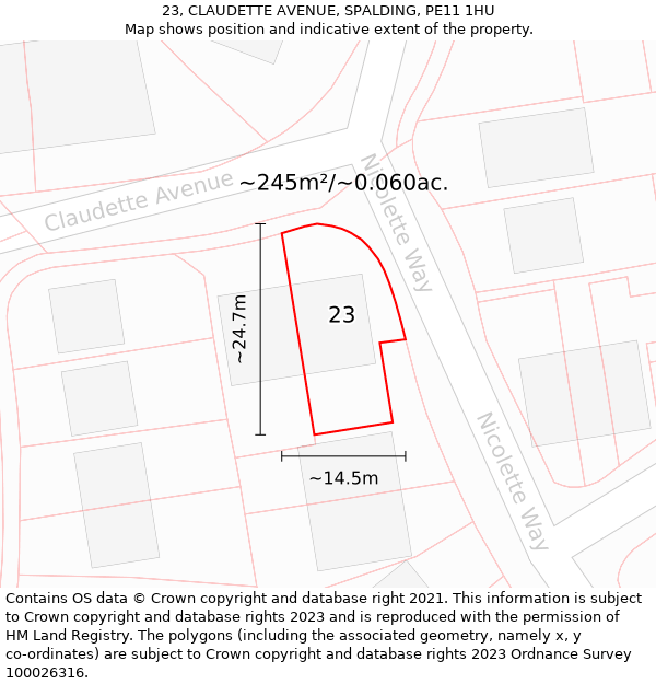 23, CLAUDETTE AVENUE, SPALDING, PE11 1HU: Plot and title map