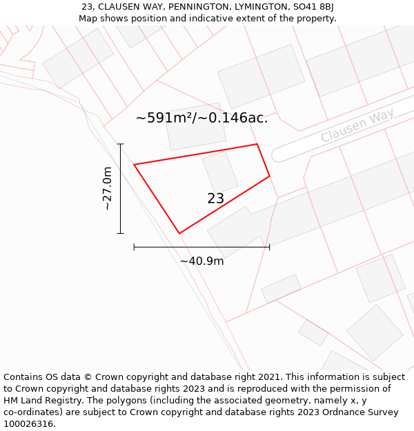 23, CLAUSEN WAY, PENNINGTON, LYMINGTON, SO41 8BJ: Plot and title map