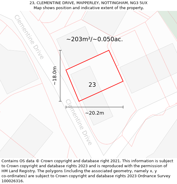 23, CLEMENTINE DRIVE, MAPPERLEY, NOTTINGHAM, NG3 5UX: Plot and title map