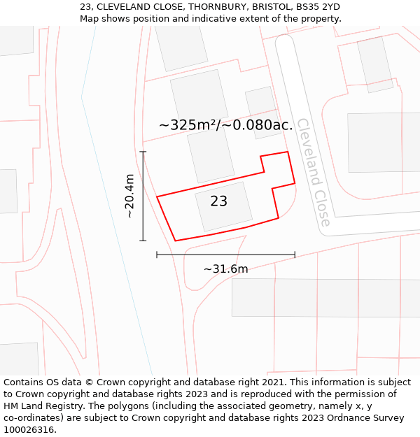 23, CLEVELAND CLOSE, THORNBURY, BRISTOL, BS35 2YD: Plot and title map